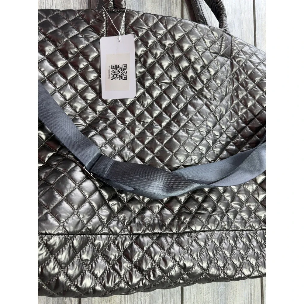 Marleylilly Quilted Weekender Bag Metallic Gunmetal Gray Puffer Travel Tote NWT